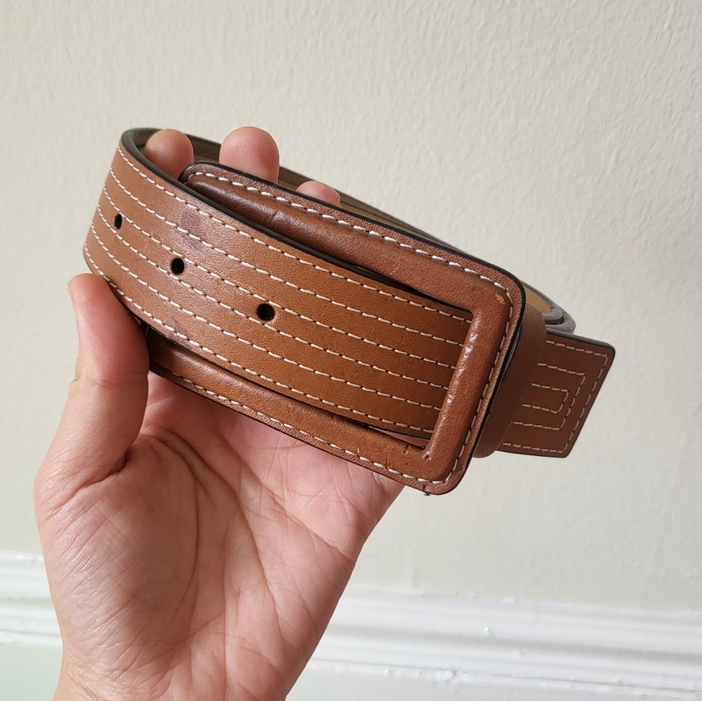 Diane Von Furstenberg Leather Contrast Stitch Rectangular Buckle Belt Size 4